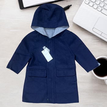 Children's japanese retro hooded double-sided woolen coat girls medium-length loose coat dark blue warm coat