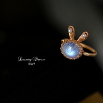 Moonlight natural moonstone blue moonlight fairy retro ring female personality fashion rabbit food ring
