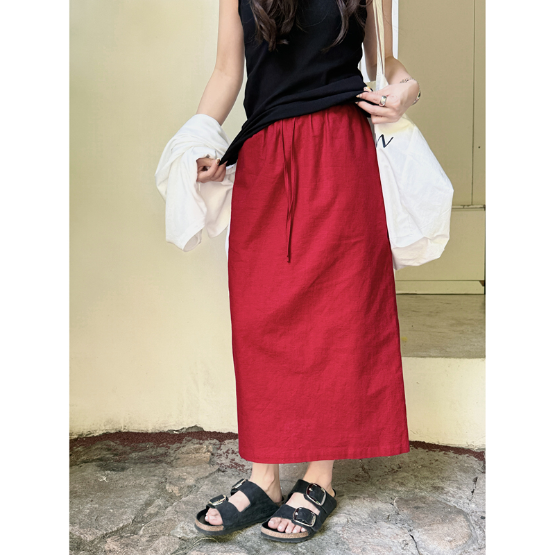 【Dingdang Onejun】Korean-Style High-End Minimalist Chic Rose Red Linen Midi Skirt Beautiful Long Skirt for Women
