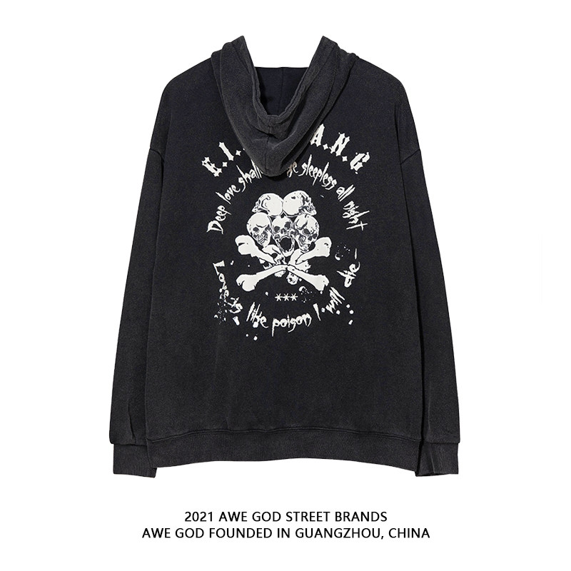 AWE GOD American retro old washed hooded cardigan plus fleece sweater men's and women's autumn and winter loose ins tide jacket