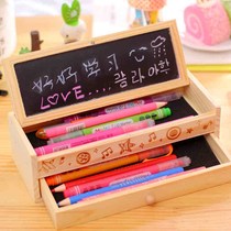 Korean multifunctional wooden stationery box for male and female pupils double cute DIY creative wood pencil box