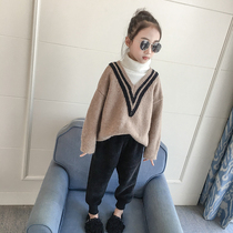 Girls sweater 2019 new Korean version of foreign style fashionable fake two high collar thick thick childrens autumn and winter sweater tide