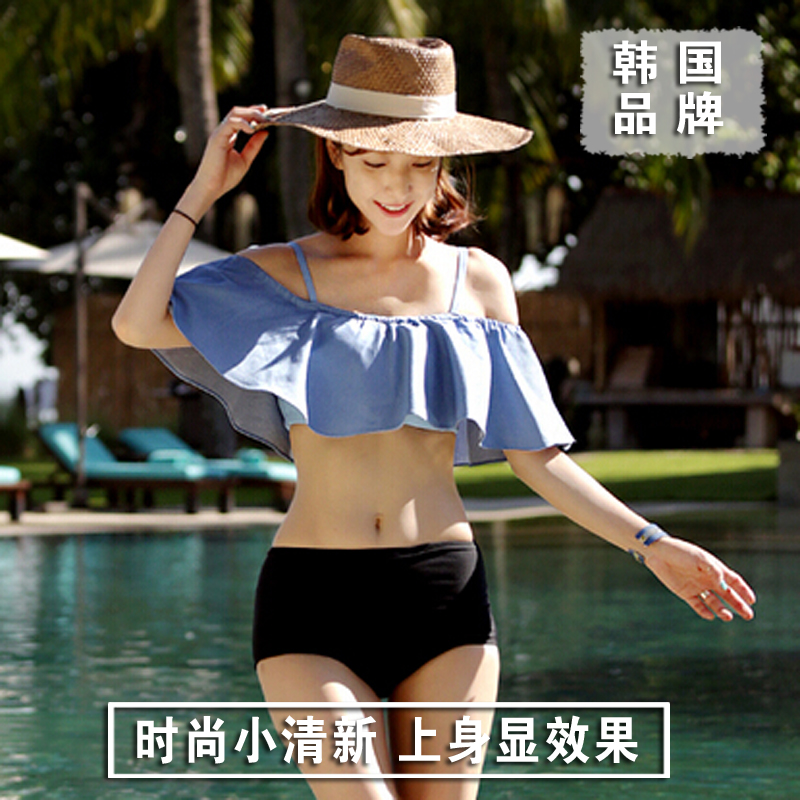 Hot spring swimsuit female ruffles split conservative student Korean small chest bikini tube top looks thin and fresh