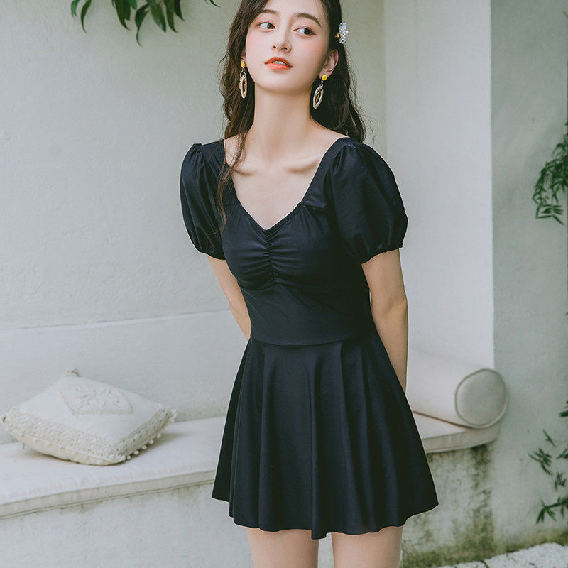 One-piece swimsuit Female student girl skirt conservative hot spring cover belly cover meat show thin chest Solid color swimsuit