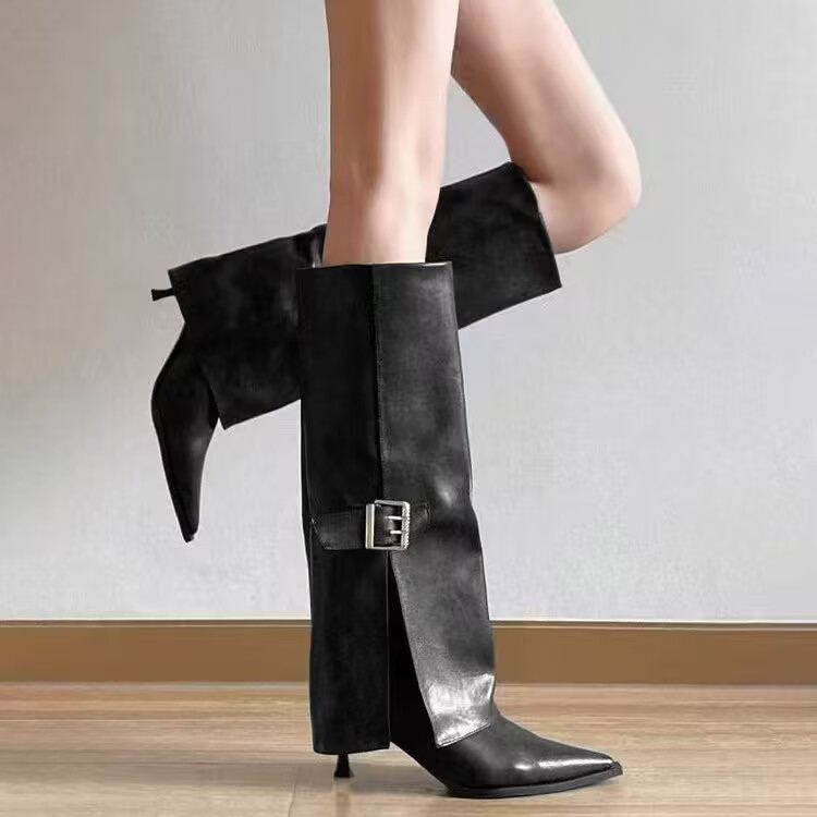 Autumn and Winter Long Boots, Knee-High Boots, High Boots, Pointed Toe Stiletto High-Heeled Riding Boots, Belt Buckle Trouser Boots, Fashion Slim Boots