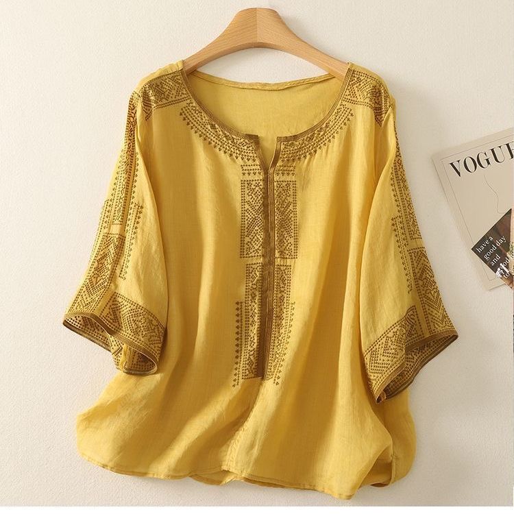 Ethnic Style Linen Color-Blocked Heavy-Duty Shirt for Women, New Summer Style for Young Mothers, Loose and Versatile Cotton-Linen Top with a Sense of Style Ethnic Style Linen Color-Blocked Heavy-Duty Shirt for Women, New Summer Style for Young Mothers, Loose and Versatile Cotton-Linen Top with a Sense of Style