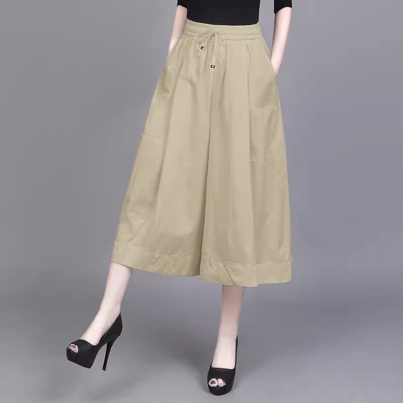Design-Focused, Unique Elastic Waist, Loose A-Line Wide-Leg Pants for Women, Summer Wide-Leg Cropped Pants, Stylish Skirt Pants, Casual Pants