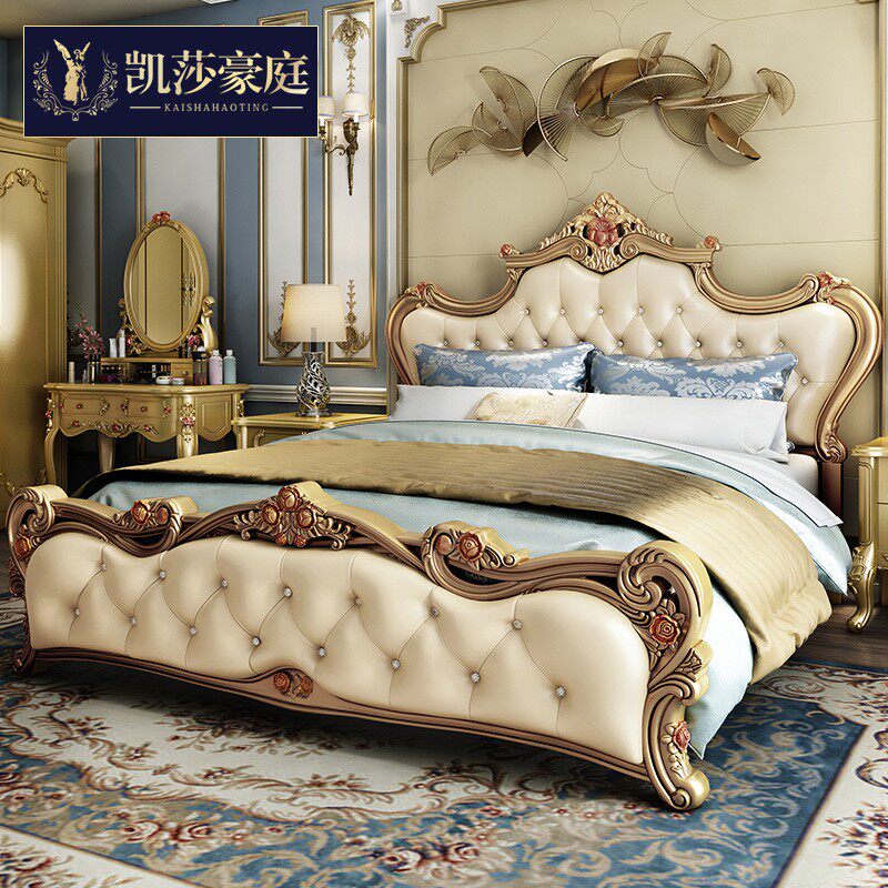 European-style bed double bed luxury master bedroom princess bed champagne gold high-grade solid wood carving simple European wedding bed furniture combination