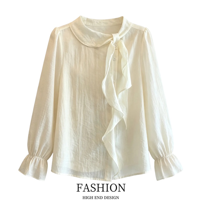 High-End Ruffled Ribbon Long-Sleeved Shirt for Women, Autumn Plus-Size Korean-Style Loose Design Bell-Sleeved Top