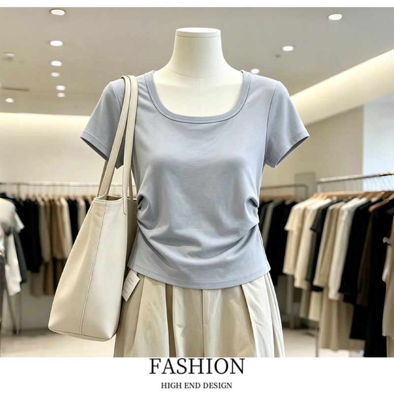 Casual Square-Neck Regular Shoulder T-Shirt for Women, Short-Sleeved, Summer, Plus Size, Waist-Cinching, Slimming, Versatile, Stylish Top, Base Layer Shirt Casual Square-Neck Regular Shoulder T-Shirt for Women, Short-Sleeved, Summer, Plus Size, Waist-Cinching, Slimming, Versatile, Stylish Top, Base Layer Shirt