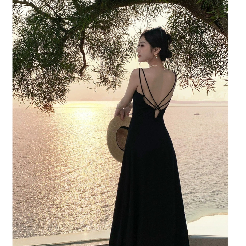 Original Style Sanya Travel Vacation Photoshoot Beach Black Beach Dress Backless Long Dress Spaghetti Strap Dress Women's Dress Original Style Sanya Travel Vacation Photoshoot Beach Black Beach Dress Backless Long Dress Spaghetti Strap Dress Women's Dress