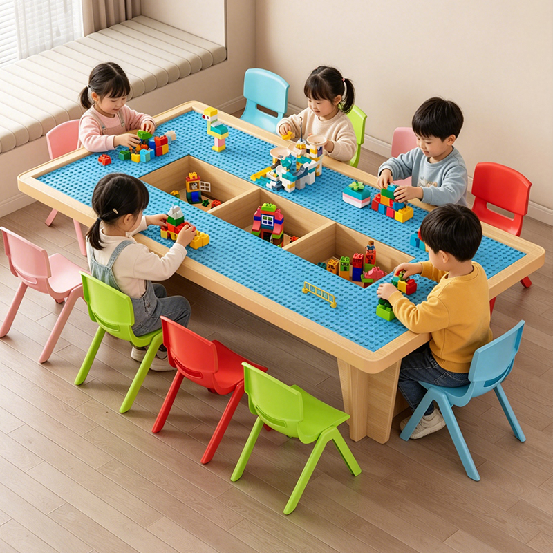 Multifunctional Children's Building Block Table, Solid Wood, Shopping Mall Game Toy, Sand Play for Boys and Girls, Baby Assembly Educational Toy, Large Size