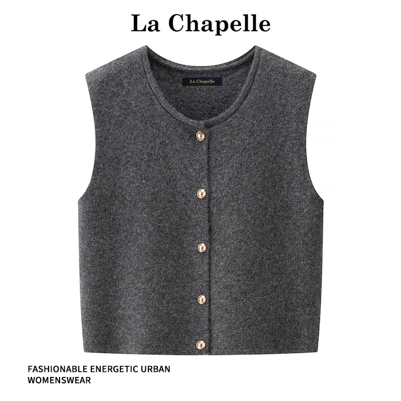 La Chapelle 2025 осень и зима нежный темперамент, вязаный жилет с золотой пряжкой и круглым вырезом, женский наборный жилет
