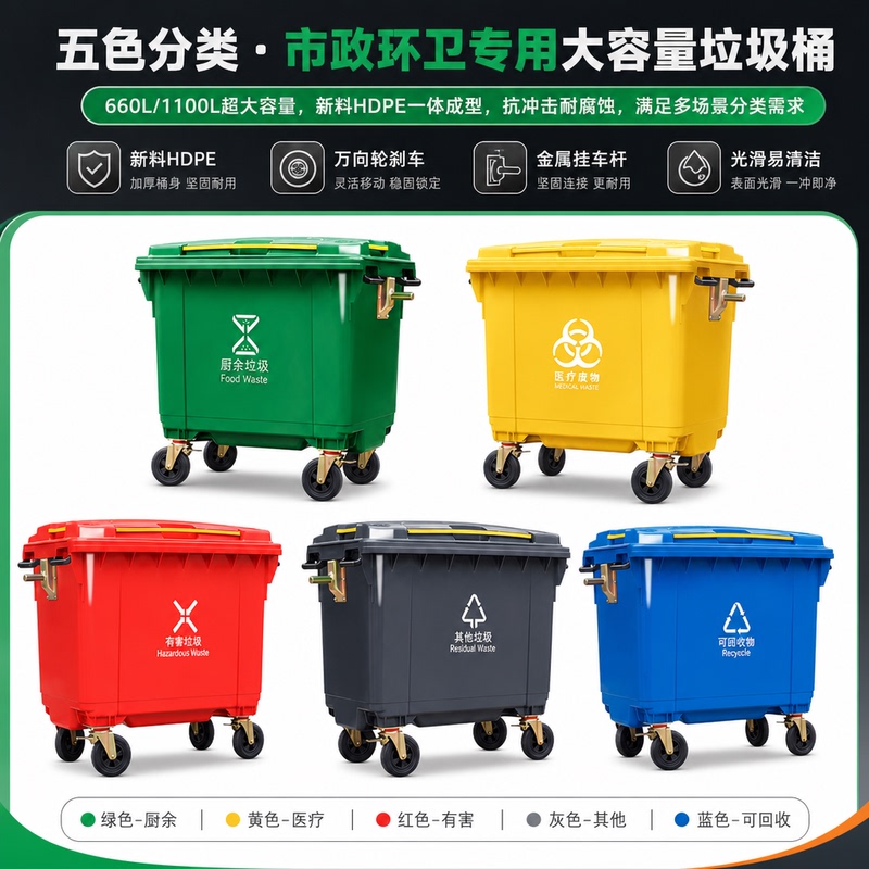 660-Liter Trash Can Outdoor Large Sanitation Vehicle Cleaning Hand-Pushed Extra-Large 1100L Garbage Collection Transfer Box