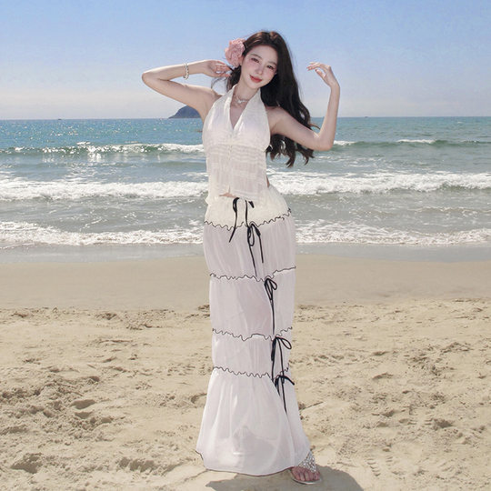 2025 New High-End Halter Vest Backless Skirt Swimsuit Suit Women's Sweet Seaside Vacation Swimsuit