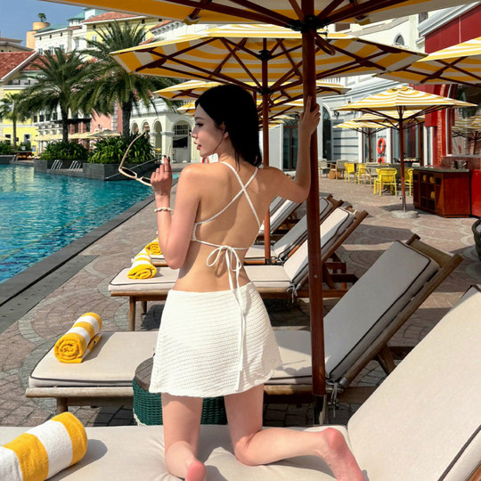 New Sexy Two-Piece Swimsuit for Women, Pure and Alluring Style, Hot Girl Vacation Hot Spring Backless Knitted Skirt-Style Bikini Three-Piece Set