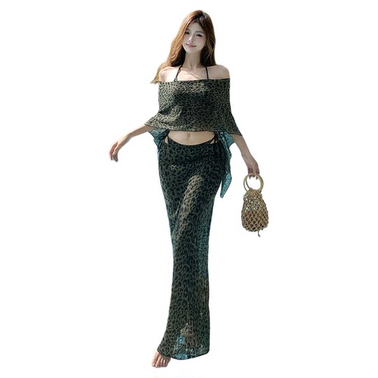 Sexy one-shoulder leopard print split swimsuit for women, pure lust beach resort style long skirt swimsuit bikini four-piece set