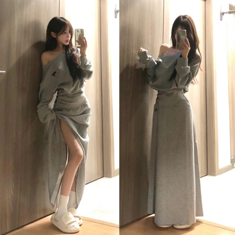Petite Casual Sportswear Set for Women 2025 Spring and Autumn, Trendy Off-Shoulder Waist-Cinching Sweatshirt and Skirt Two-Piece Set