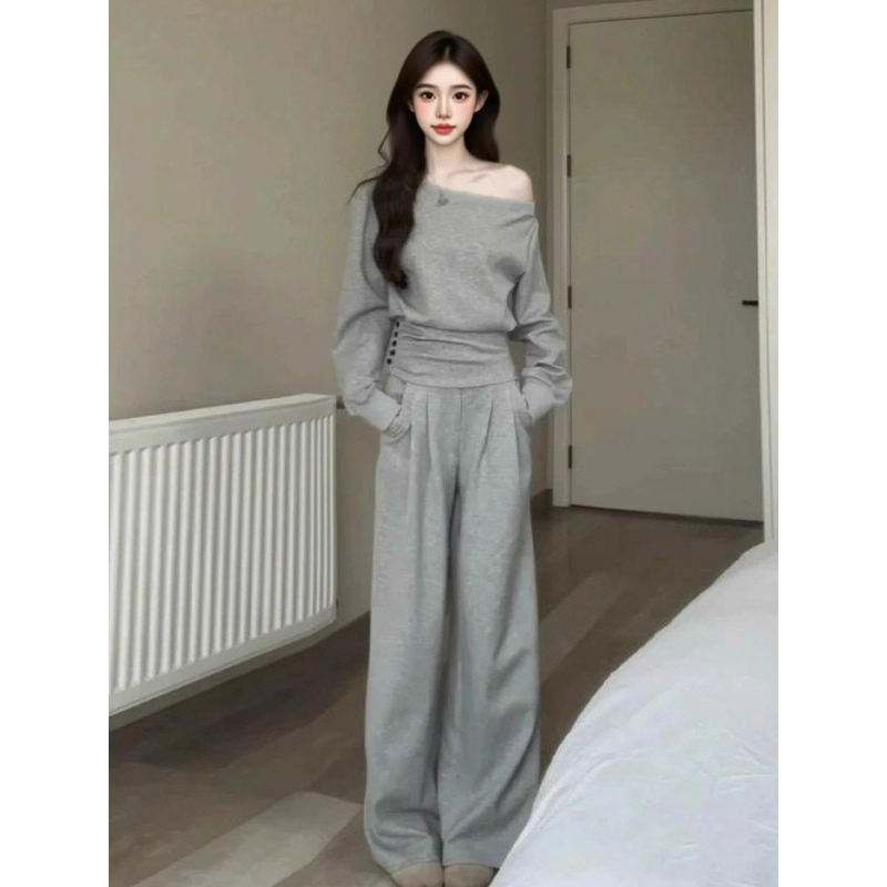 Korean Casual Sports Suit for Women, Spring Gray One-Shoulder Sweatshirt, Wide-Leg Pants, Fashionable Daily Wear Two-Piece Set Korean Casual Sports Suit for Women, Spring Gray One-Shoulder Sweatshirt, Wide-Leg Pants, Fashionable Daily Wear Two-Piece Set