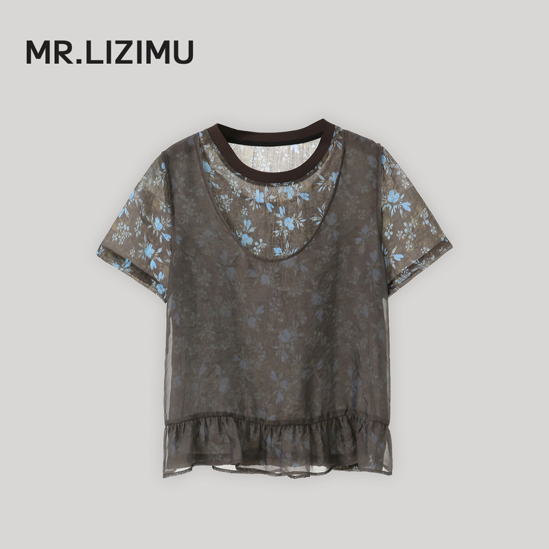 Mr. Li Zimu's Casual Floral Short-Sleeved Shirt for Women, 2026 Summer New Style, Slimming Faux Two-Piece Lyocell Blouse