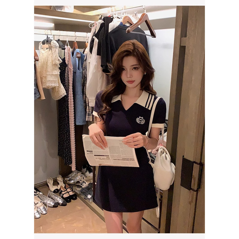 Korean Style Polo Collar Ice Silk Dress for Women 2026 Summer New Style Petite Preppy Style Elegant Waist-Cinching Short Skirt Korean Style Polo Collar Ice Silk Dress for Women 2026 Summer New Style Petite Preppy Style Elegant Waist-Cinching Short Skirt