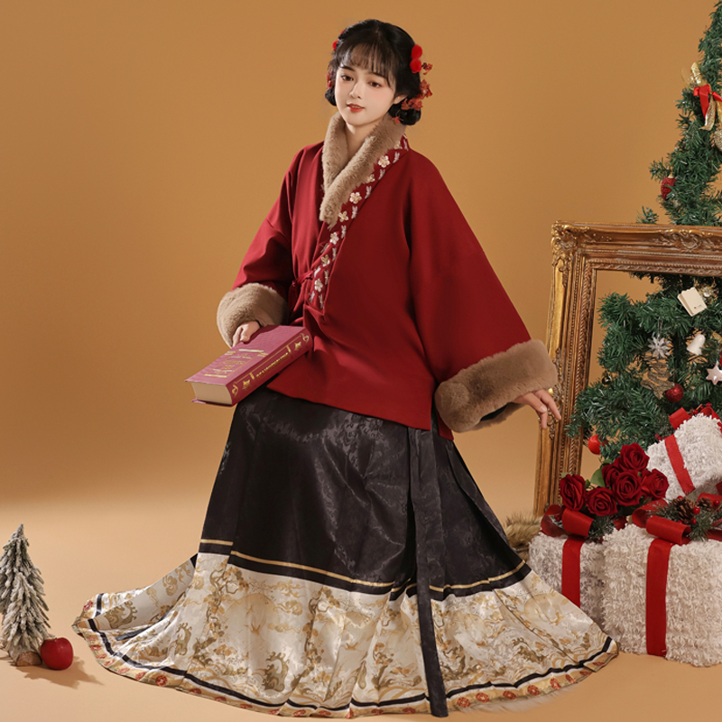 Ming-Style Hanfu for Women, Adult New Year's Outfit, Straight-Collar Short Coat, Winter Fleece-Lined Warm Woolen Ancient Costume Daily Set