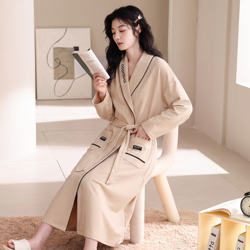 2026 New Long-Sleeve Women's Sexy Nightgown Pure Cotton Long Over-The-Knee Bathrobe with Double Pockets and Tie Belt, Autumn and Winter Style 2026 New Long-Sleeve Women's Sexy Nightgown Pure Cotton Long Over-The-Knee Bathrobe with Double Pockets and Tie Belt, Autumn and Winter Style