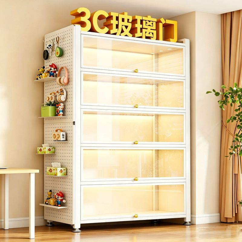 Steel Bookshelf with Transparent Glass and Doors, Display Cabinet, Dust-Proof Figurine Cabinet, Metal Storage Model Cabinet