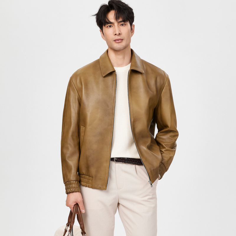 Luxury Brand Micro-Wide Genuine Leather Jacket for Men, Imported Sheepskin Lapel Business Casual Leather Jacket, Spring and Autumn Flight Jacket
