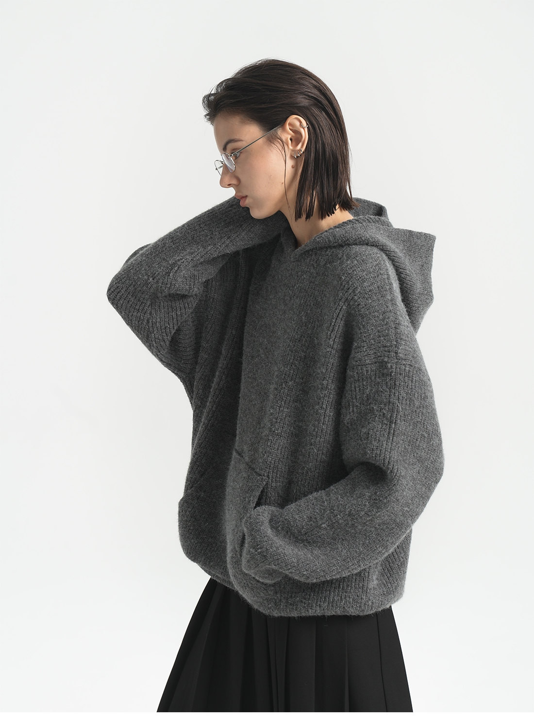 PURESQUARE Boxy Ribbed Knit Hoodie