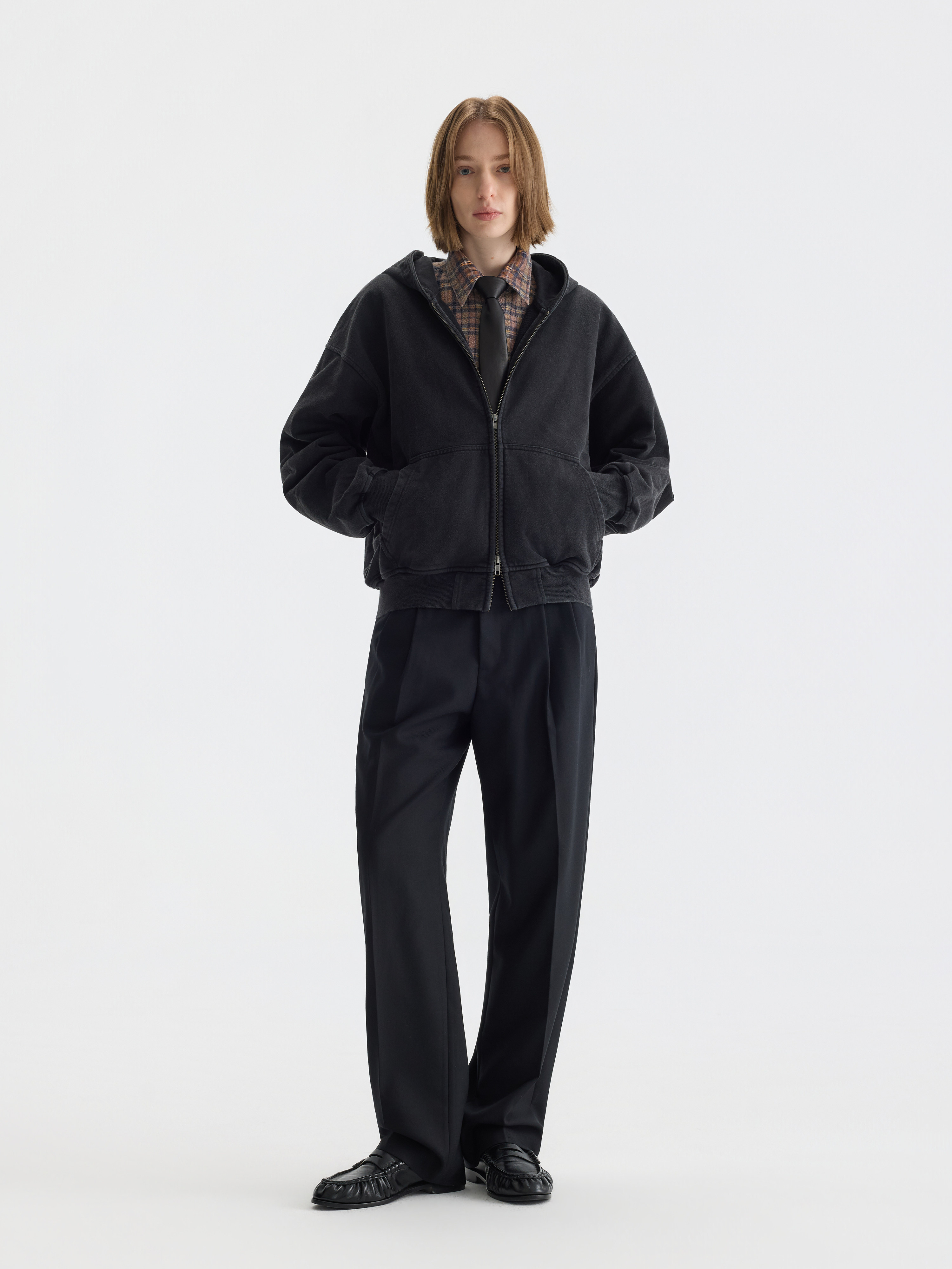 PURESQUARE Washed Black Boxy Zip-Up Hoodie