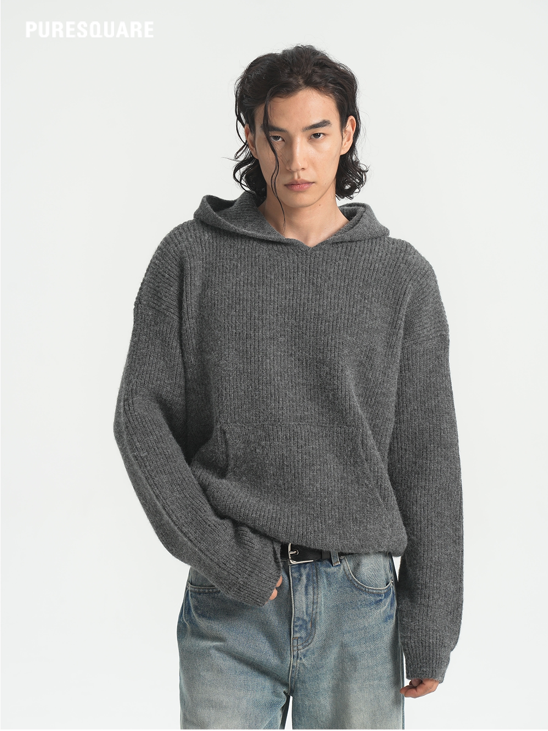 PURESQUARE Boxy Ribbed Knit Hoodie