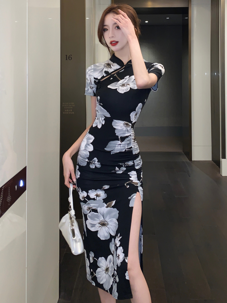 2023 Years Retro State Tide Print Improved Qipao High Open Fork Daily Bag Glutes HIP FOLDS CASHEW IN LONG SECTION DRESS-TAOBAO