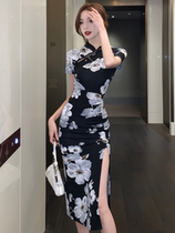 2023 ans Retro State Tide Print Improved Qipao High Open Fork Daily Bag Glutes HIP FOLD CASHEW IN THE LONG SECTION OF THE DRESS