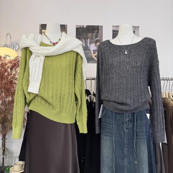 Women's mohair blended wool cable hollow knitwear