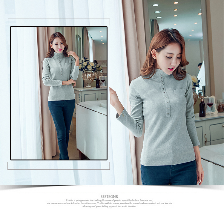 Áo mới mùa thu màu rắn cổ cao áo thun nữ dài tay dày cotton đáy áo Slim phiên bản Hàn Quốc của áo nữ từ bi áo thun nữ đẹp