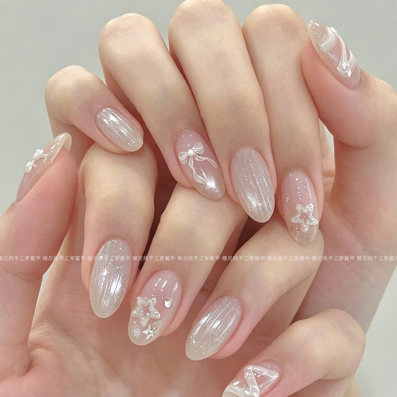 Oh, Ni~ Gentle Boiled Water Color Nude Handmade Wearable Nails with Gradient Ribbon Bow Star Fake Nail Patches Oh, Ni~ Gentle Boiled Water Color Nude Handmade Wearable Nails with Gradient Ribbon Bow Star Fake Nail Patches
