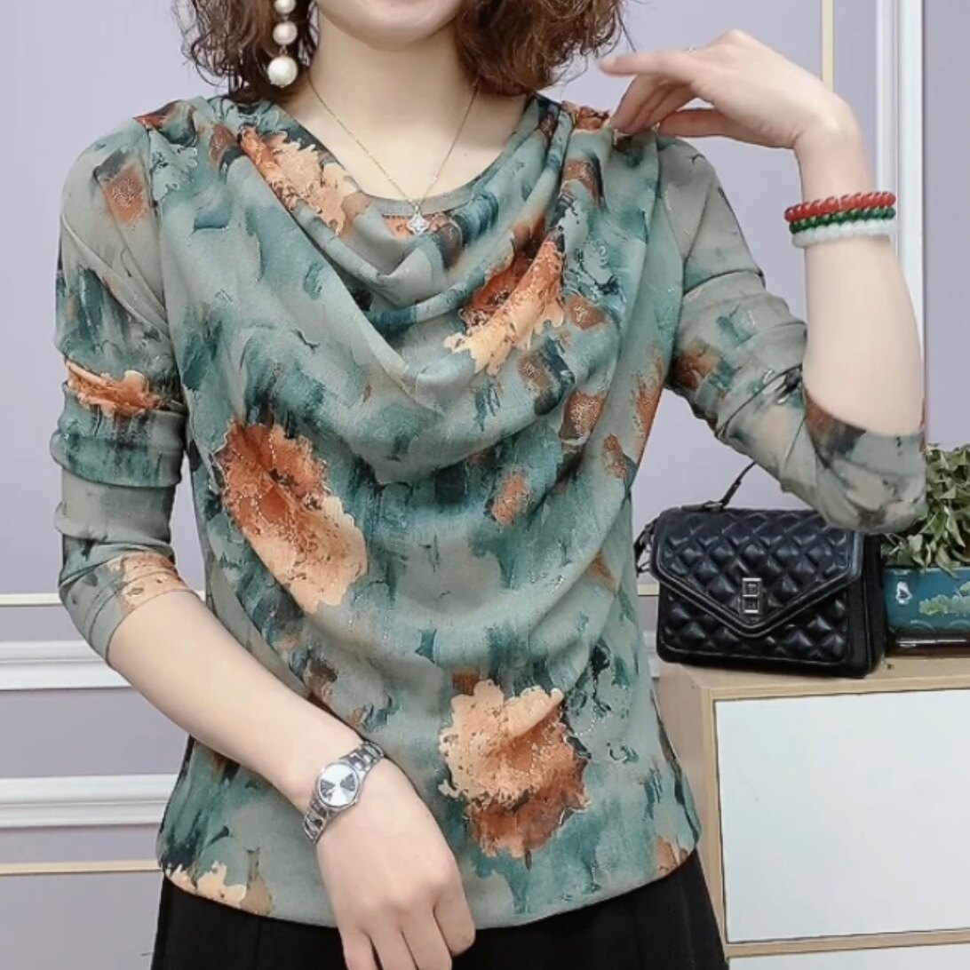 2026春秋新款网纱圆领堆堆领时尚洋气百搭T恤打底衫印花上衣