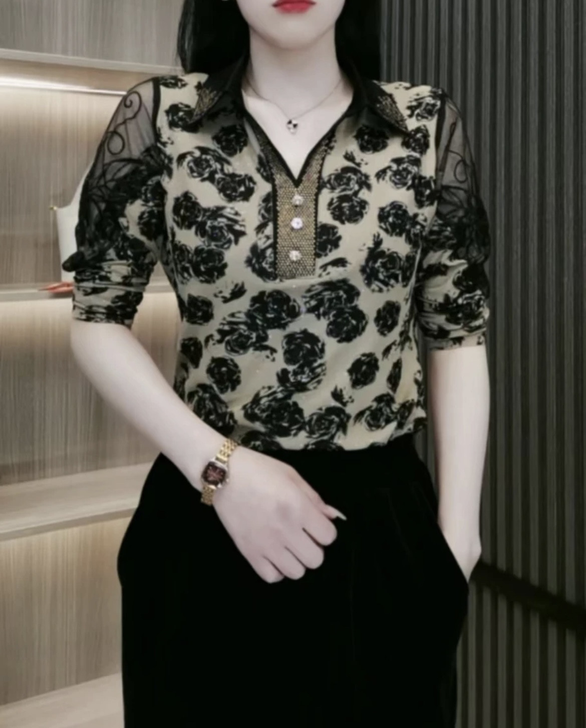 2026春新款烫钻网纱拼接打底衫女长袖衬衫领T恤时尚显瘦气质小衫