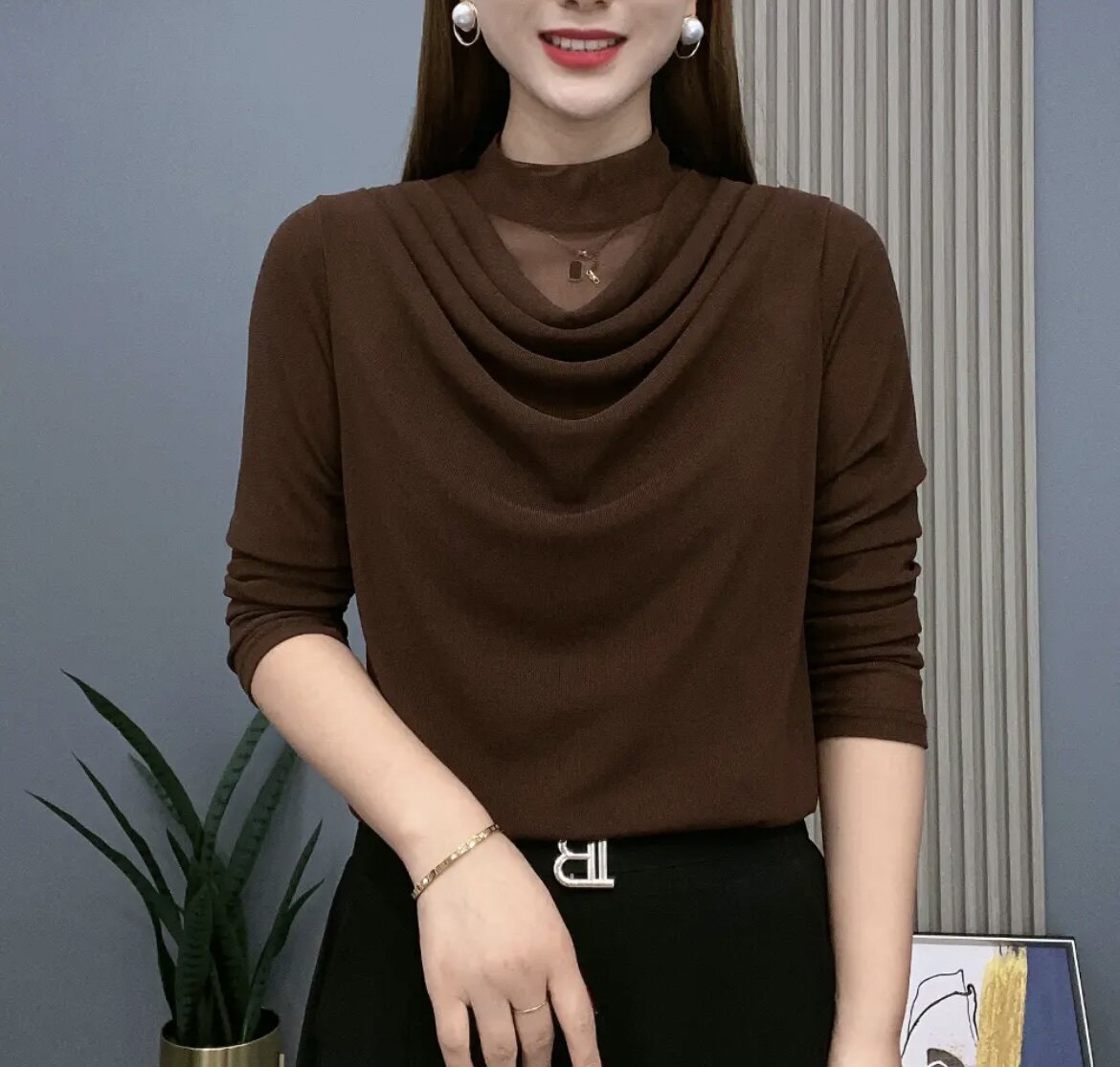 2026春秋新品时尚妈妈装网纱亮晶高领长袖上衣T恤纯色百搭打底衫