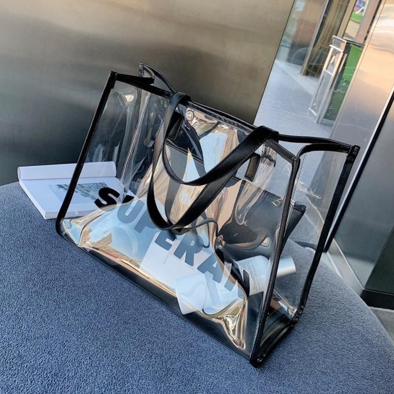 Transparent tote bag summer summer one-shoulder large bag women's new trendy Korean version all-match transparent bag bag mother bag big