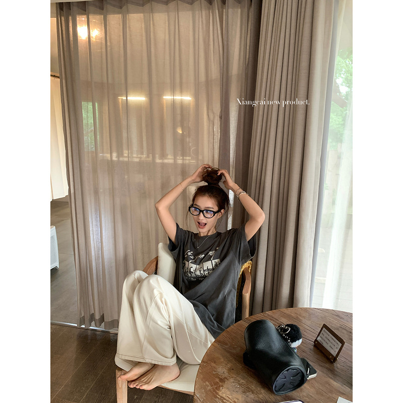 Coriander No Spicy Flavor Xiangcai American Retro Washed Original Print Short Sleeve T-Shirt for Women Summer Loose Top