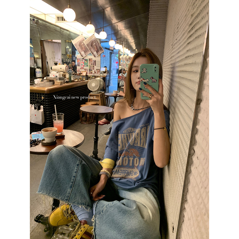 Coriander-Free Xiangcai American-Style Denim Blue Printed Off-Shoulder Short-Sleeve T-Shirt for Women, Loose Summer Top Coriander-Free Xiangcai American-Style Denim Blue Printed Off-Shoulder Short-Sleeve T-Shirt for Women, Loose Summer Top