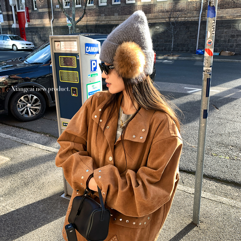 Coriander No Spicy Flavor Xiangcai Vintage Suede Leather Mid-Length Coat Women's Spring Loose Jacket Top