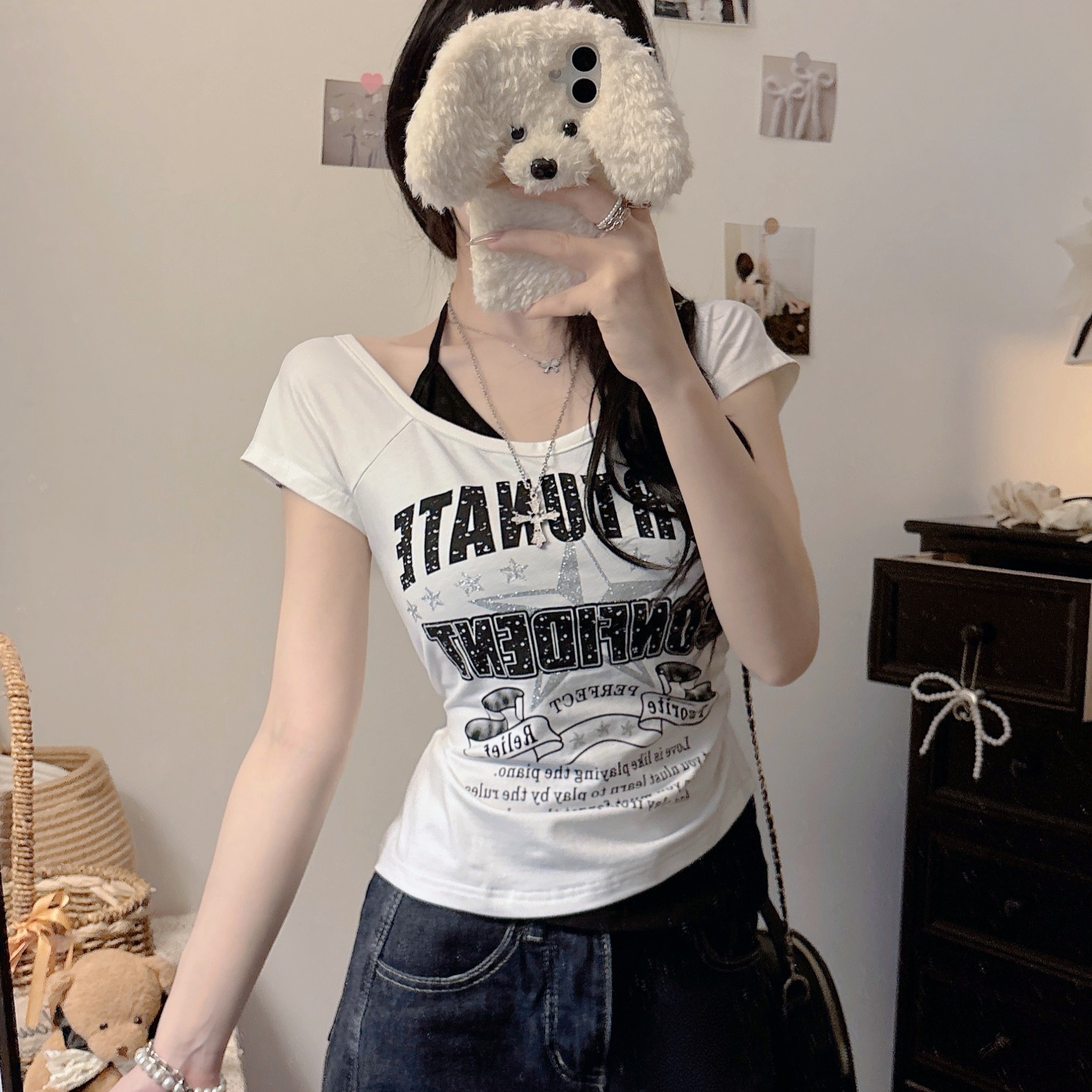 早川ガールズ〜アメリカンレトロレタープリント半袖Tシャツ夏コントラストカラーフェイクツーピースホルターネックトップ