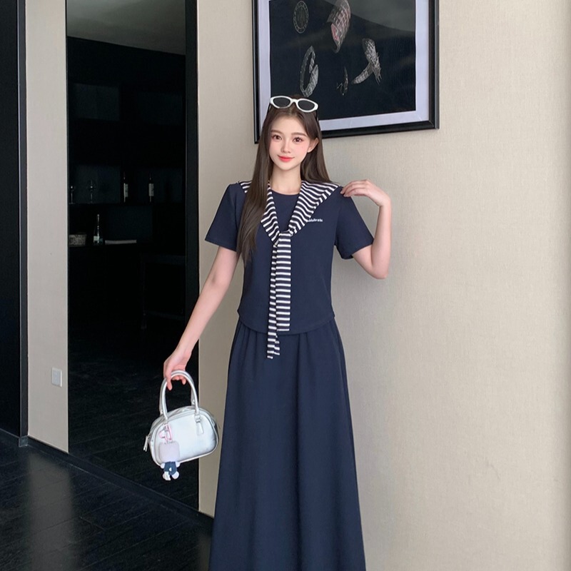 Gu Youran Plus-Size Women's Clothing 2026 Summer New Casual Curved Short-Sleeve Striped Shawl Skirt Set
