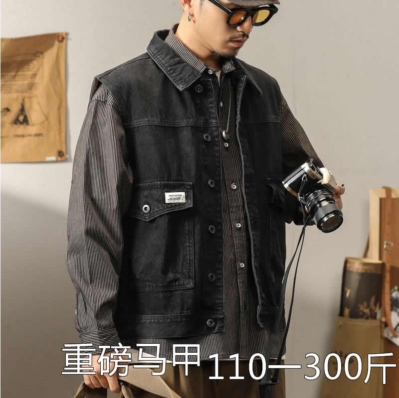 Spring and Autumn Heavy-Duty Black Denim Vest for Men, Large Size, Sleeveless Workwear Vest, Trendy Brand, Loose Biker Jacket