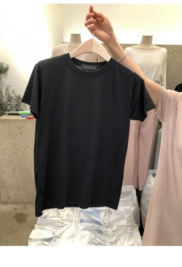 Hàn Quốc Dongdaemun 2019 hè mới đơn giản màu rắn nước ngoài ngắn tay áo thun nữ cổ tròn giản dị - Áo phông áo tay lỡ form rộng hàn quốc