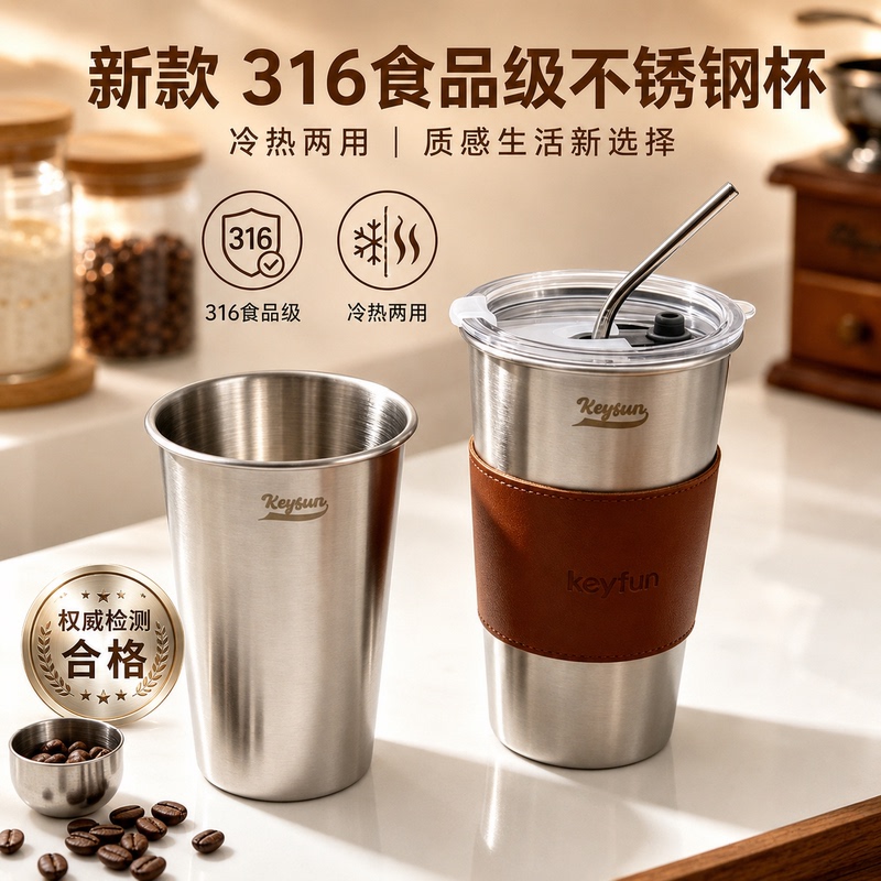 316 Stainless Steel Water Cup Single-Layer Coffee Cup for Tea, Milk, Office, Home, Drinking Water, Student with Lid and Straw Cup