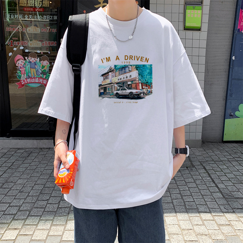 Printed Short Sleeve T-Shirt Male Summer Loose Tide Card High Street Clothes Ins Trend 100 Hitch Port Wind Mid Sleeve Tide Man Half Sleeve 